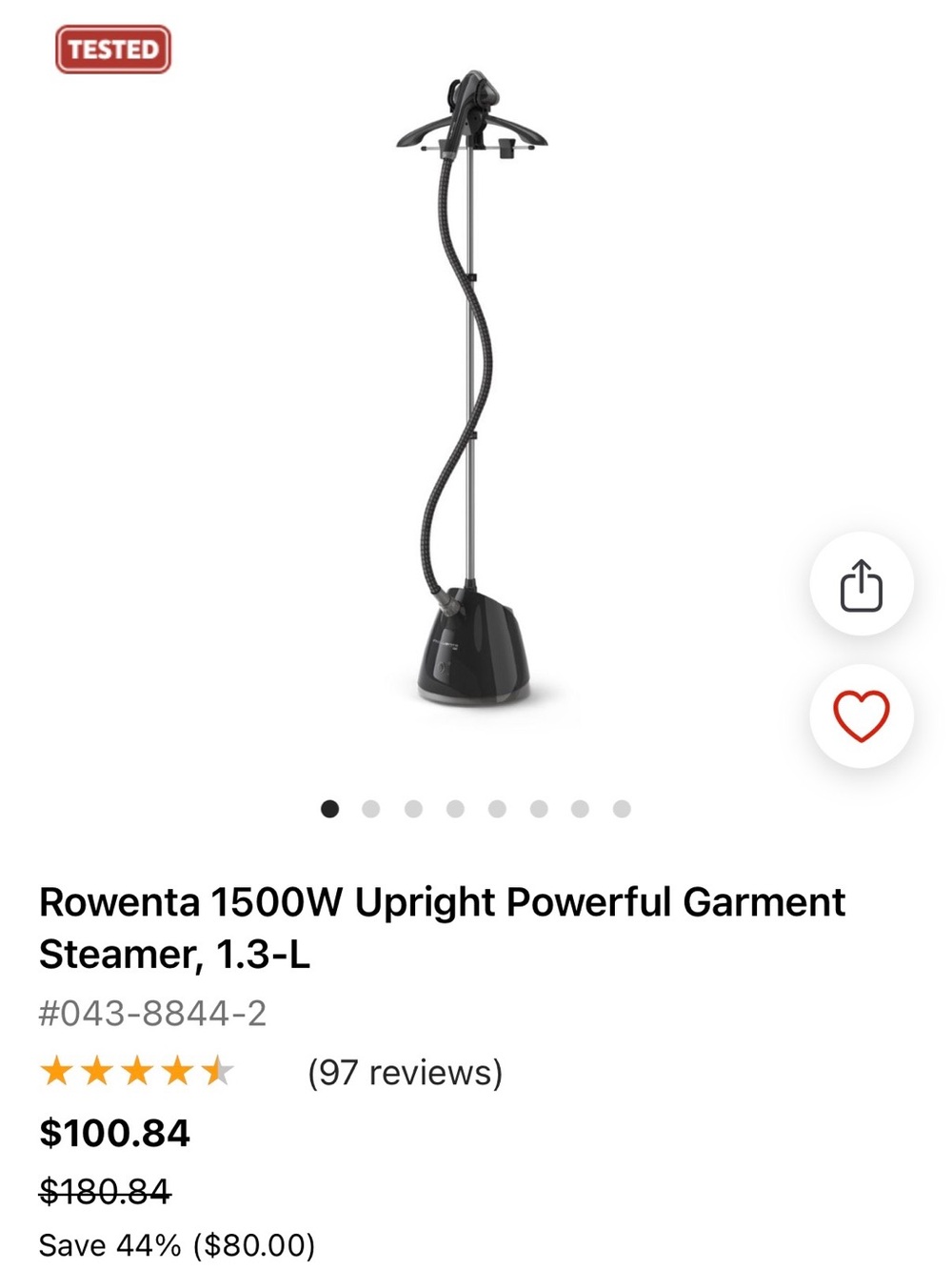 Rowenta Black Upright Garment Steamer – 1500W, 1.3L